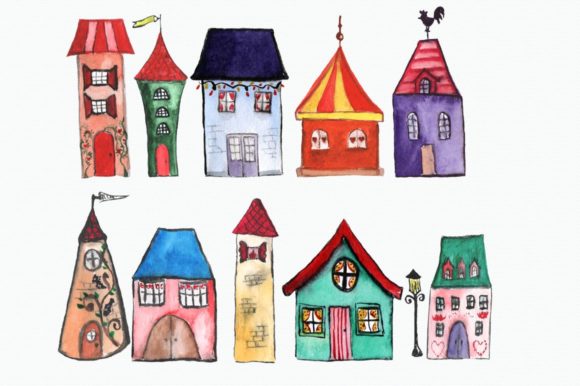11 Watercolor Houses Clip Art & Illustrations