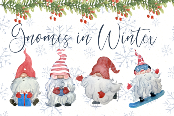 Gnomes in Winter Watercolor Clip Art Set & Illustrations