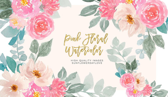 Pink and Gold Watercolor Floral Clipart