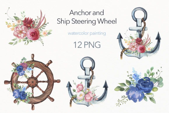 Watercolor Anchors & Ship Wheel Illustrations