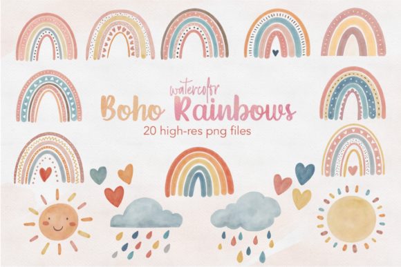 Watercolor Boho Rainbow Clipart & Illustrations