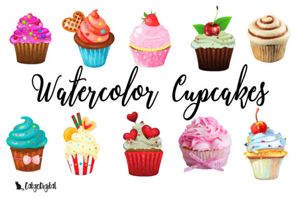Watercolor Cupcakes Clipart & Illustrations
