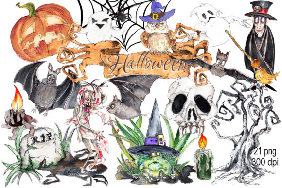 Watercolor Halloween Bundle & Illustrations
