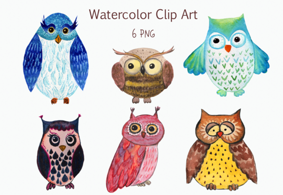 Watercolor Owls Clip Art & Illustrations
