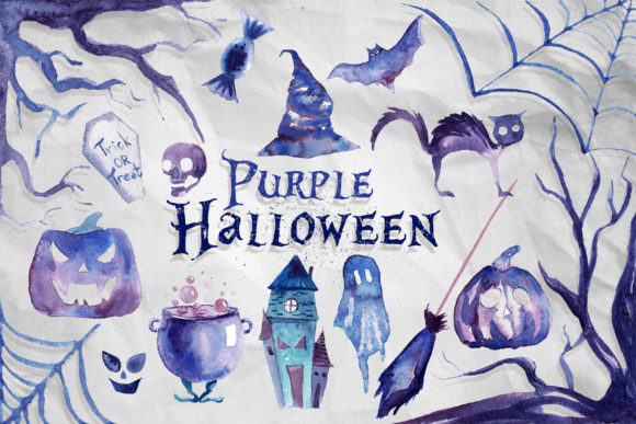 Watercolor Purple Halloween Clipart & Illustrations