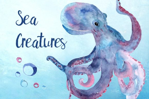 Watercolor Sea Creatures Clipart & Illustrations