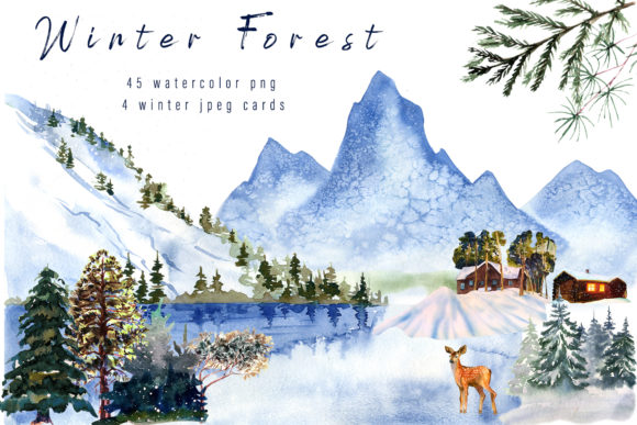 Winter Landscape Clipart Watercolor & Illustrations
